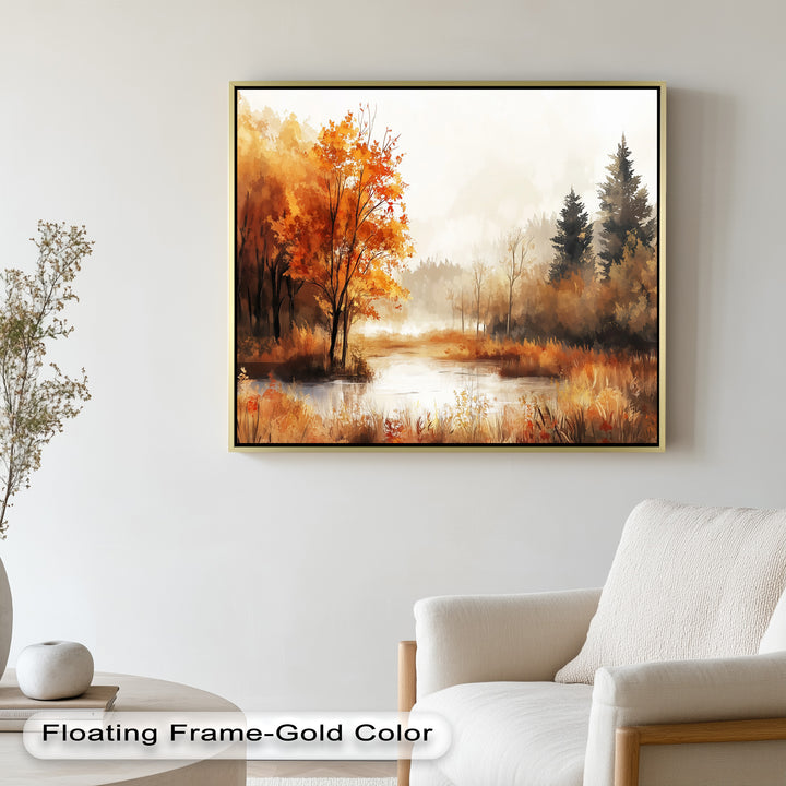 Reflections on the water and delicately painted trees enhance the sense of calm and seasonal transition.