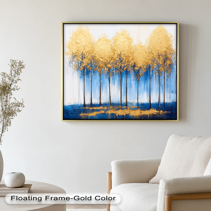 Goldene Bäume am blauen Horizont - Abstraktes Ölgemälde