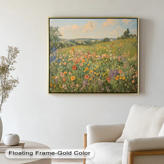 Impressionist brushstrokes showcase the seamless transition between vibrant hues of wildflowers in this framed landscape oil painting, a stunning example of oil painting decoration.