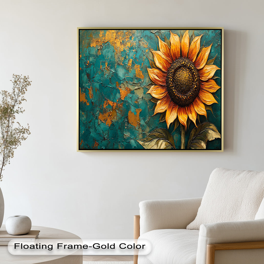 Sunflower on Textured Teal - Flower Oil Painting