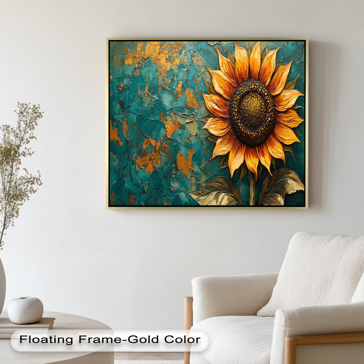Sunflower on Textured Teal - Flower Oil Painting
