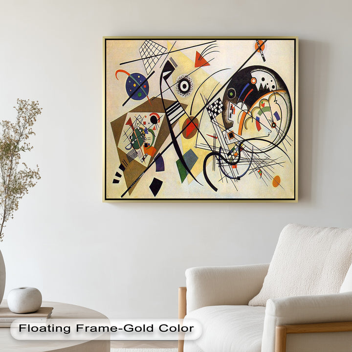 A visual symphony of lines, circles, squares, and color blocks interwoven in a rhythmic, non-representational composition.