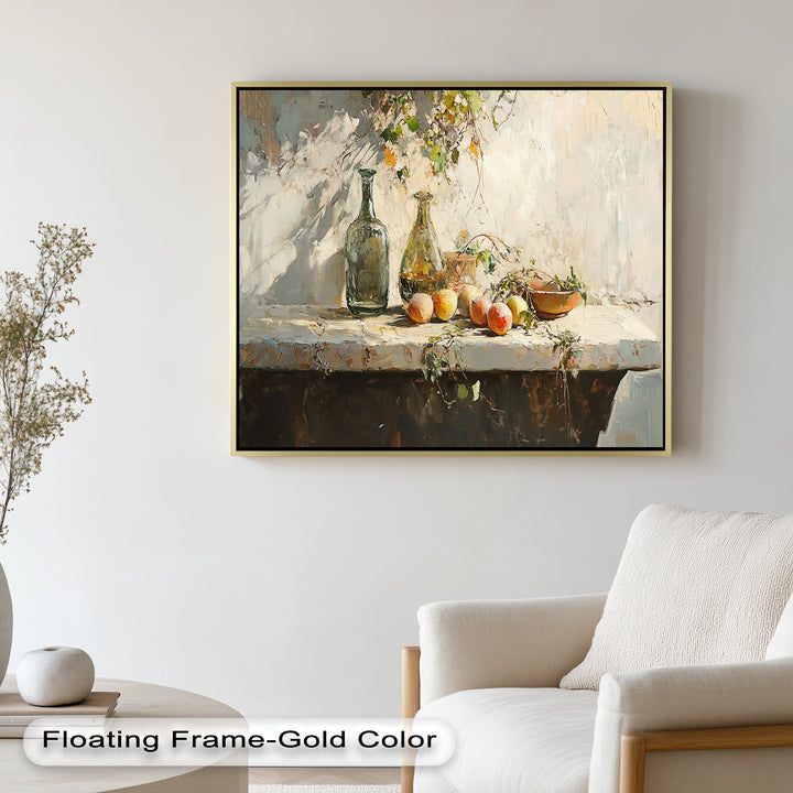 Vintage Peach & Bottle – Still Life Art Oil Painting