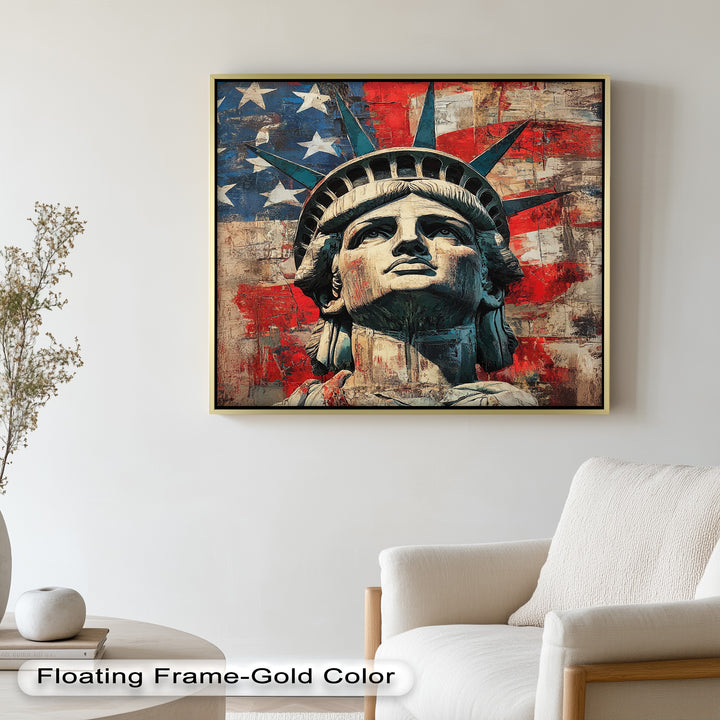 Freiheitsstatue mit amerikanischer Flagge - Patriotisches Ölgemälde