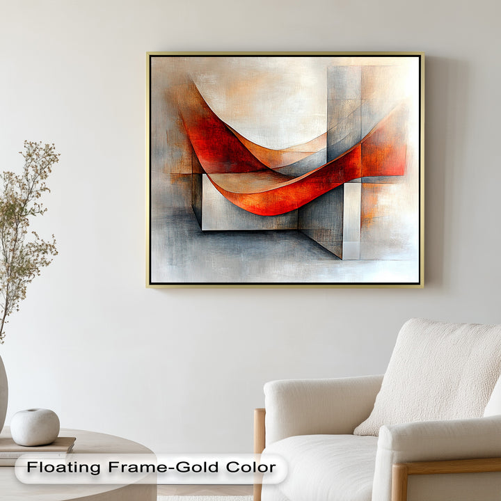 Geometrische Kunst in Weiß und Rot – Modernes gerahmtes Ölgemälde