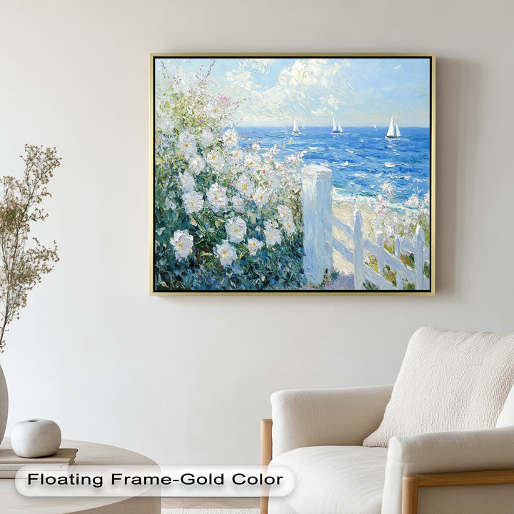 White Rose Garden with Sailboats – Impressionist Oil Painting