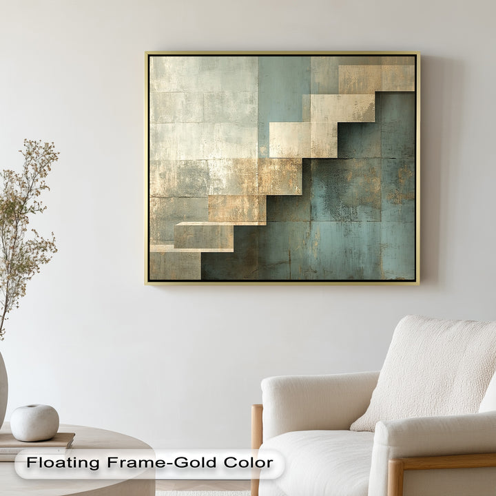 Geometrische Schritte Abstrakt – Blau &amp; Beige Modernes Ölgemälde