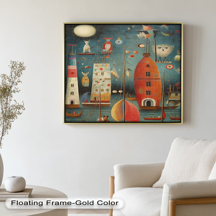 Moonlit Harbor Parade – Surreal Cat and Owl Fantasy Oil Painting