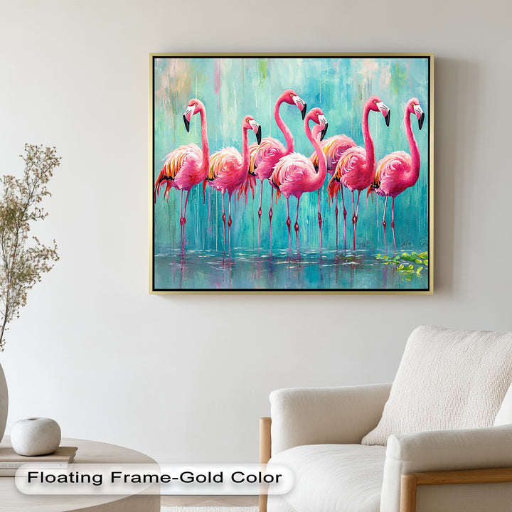Flamingoschwarm auf dem Wasser – Tierölgemälde