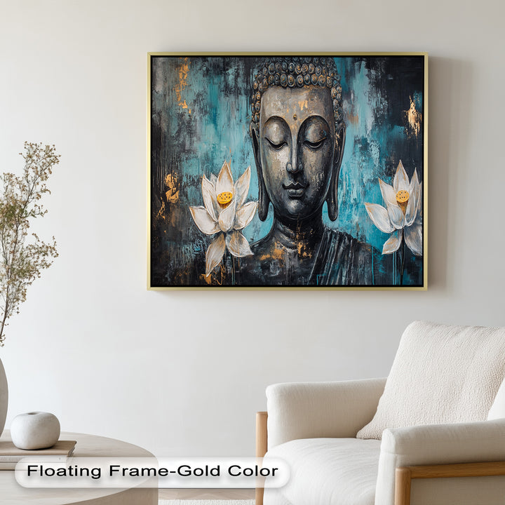 Teal Buddha with Lotus Flowers – Religious Oil Painting