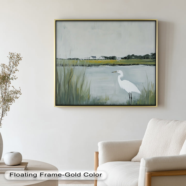 Egret by the Marsh – Minimalist Landscape Oil Painting