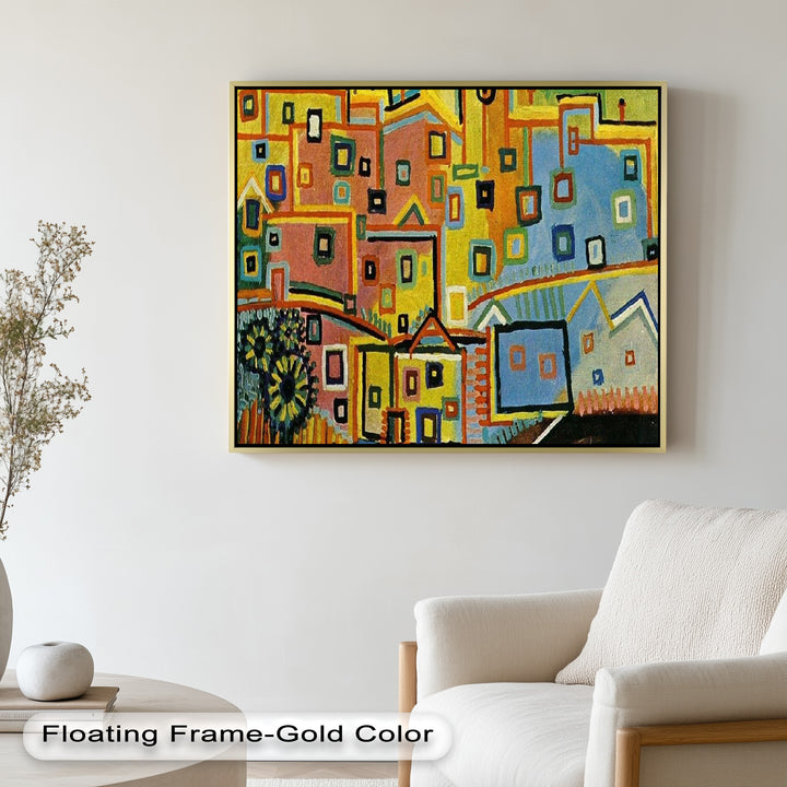 A modernist painting of a cheerful city layout, where shapes and colors blend into a joyful visual melody.