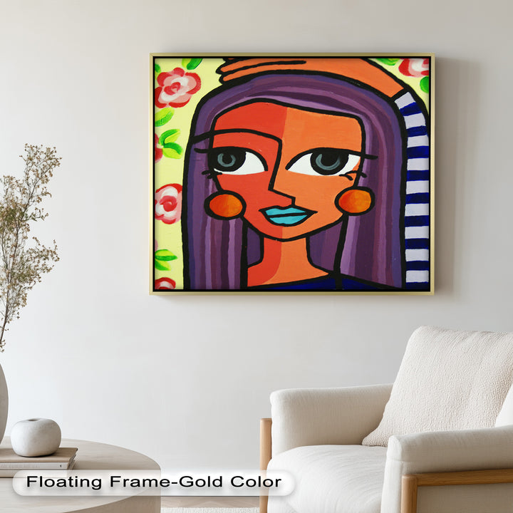 Striped Radiance – Playful Woman with Purple Hair Picasso Oil Painting