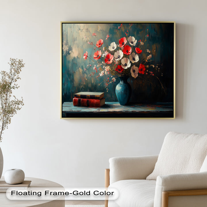 Vibrant Floral Vase with Books – Botanical Oil Paintings