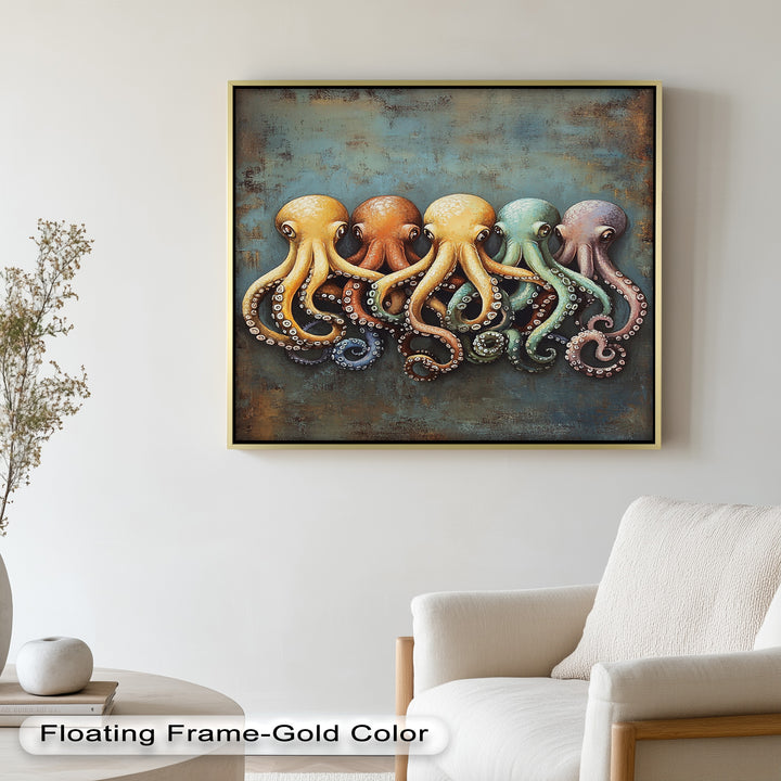 Whimsical Row of Octopuses – Colorful Sea Life Animal Oil Painting