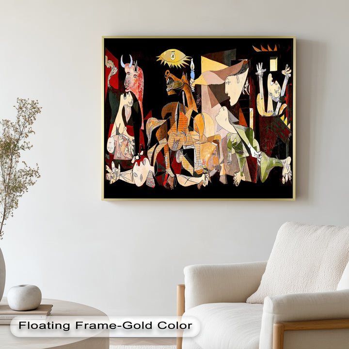 Boldly colored cubist mural showing a chaotic scene of violence and grief, with a horse at the center, a bull on the left, and anguished human figures screaming and falling.