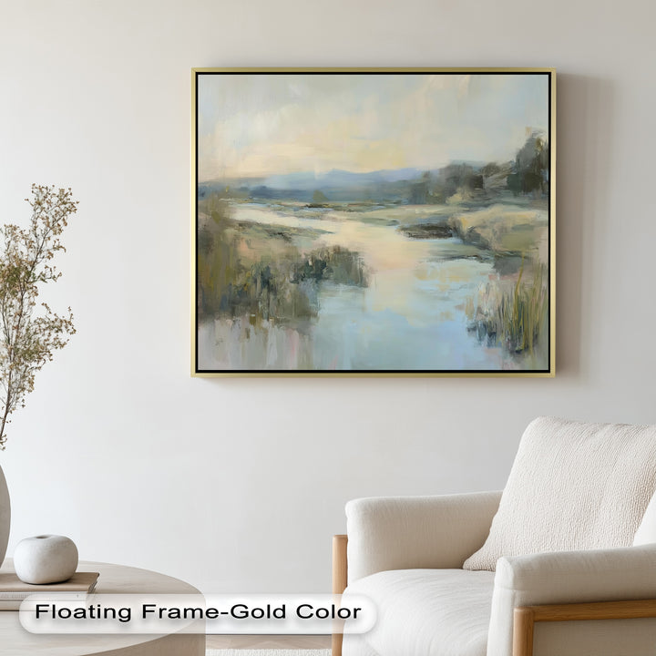 A peaceful waterway meanders through a foggy landscape, with muted colors and gentle reflections creating a serene atmosphere.

