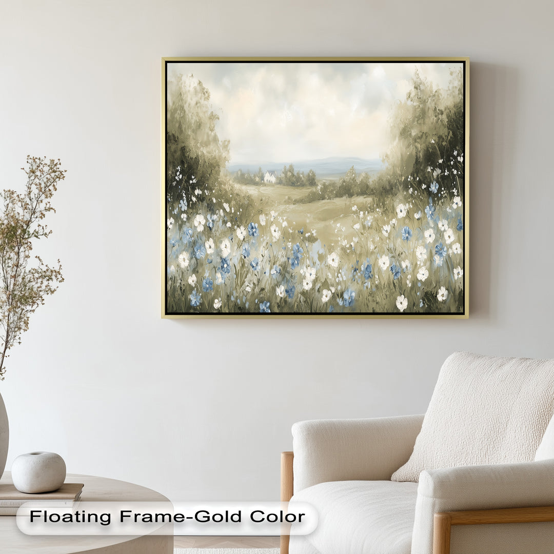 A gentle floral meadow under a cloudy sky, with scattered blue blossoms and a quiet farmhouse beyond the trees.