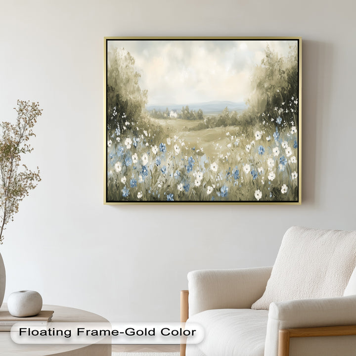 A gentle floral meadow under a cloudy sky, with scattered blue blossoms and a quiet farmhouse beyond the trees.