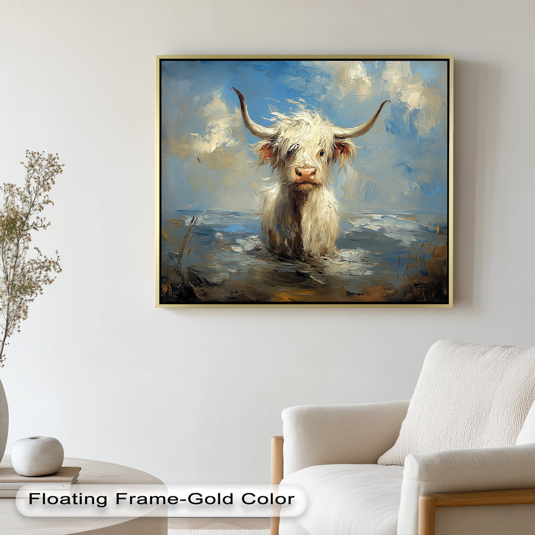 Highland Cow in Coastal Waters – Animal Oil Painting