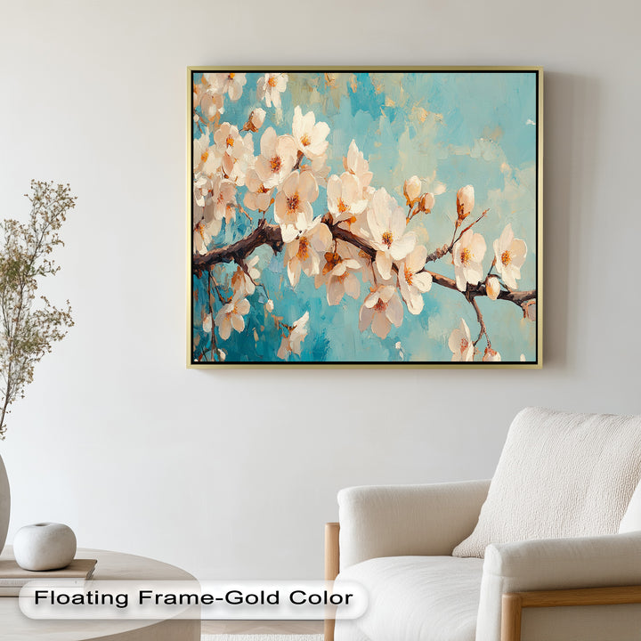 A bright and airy floral artwork with blooming cherry blossoms on thick branches, rendered in soft pastel tones.