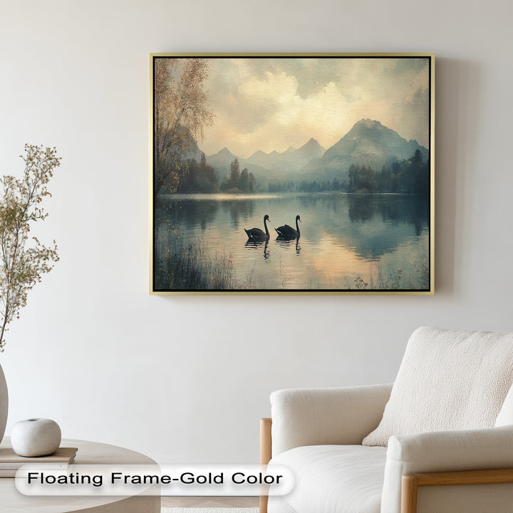 Black Swans on a Mountain Lake – Modern Oil Painting