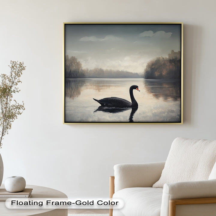 Black Swan at Dusk – Lake Scene Oil Painting