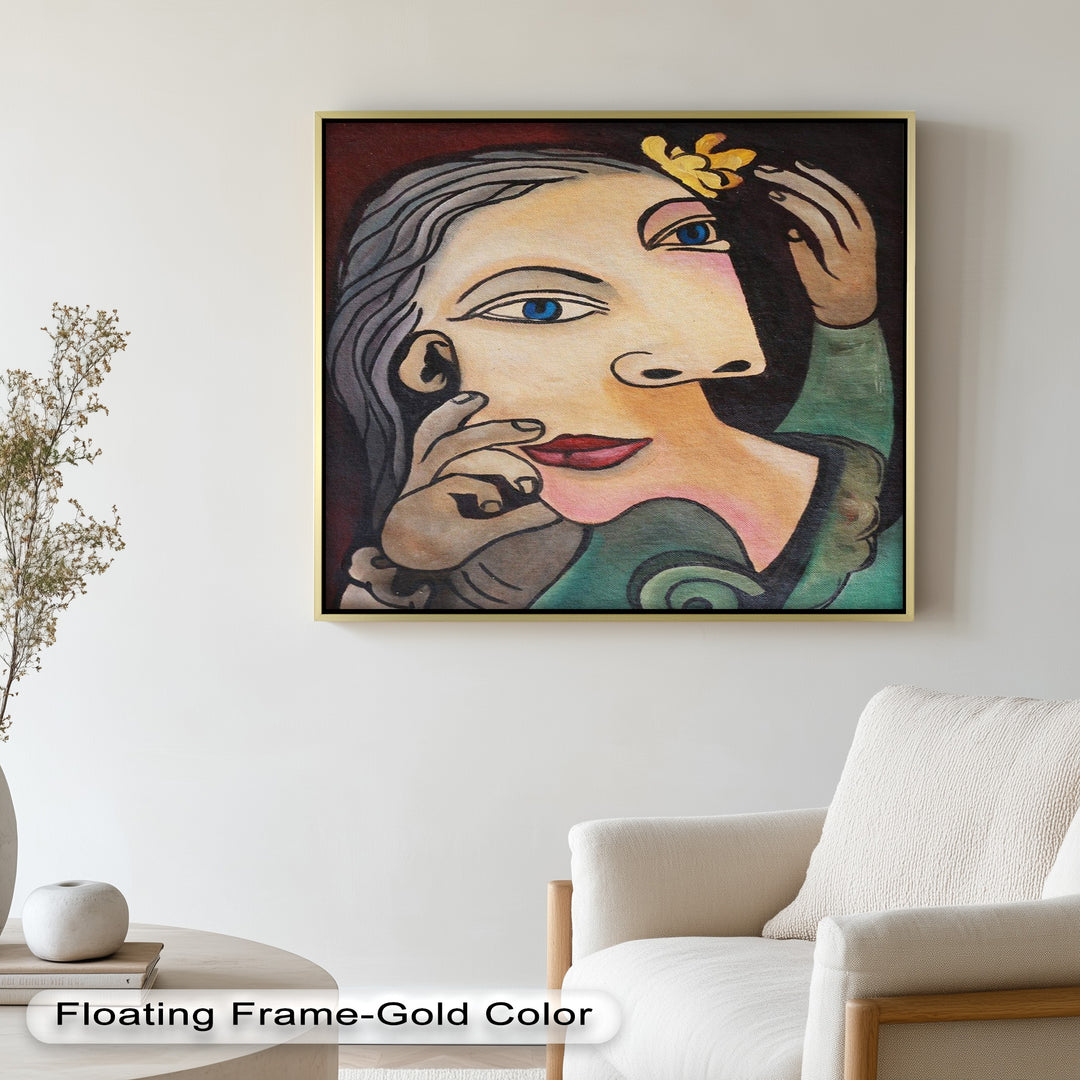 Whimsical Bloom – Surreale Frau mit gelber Blume Picasso Ölgemälde