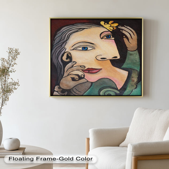 Whimsical Bloom – Surreale Frau mit gelber Blume Picasso Ölgemälde