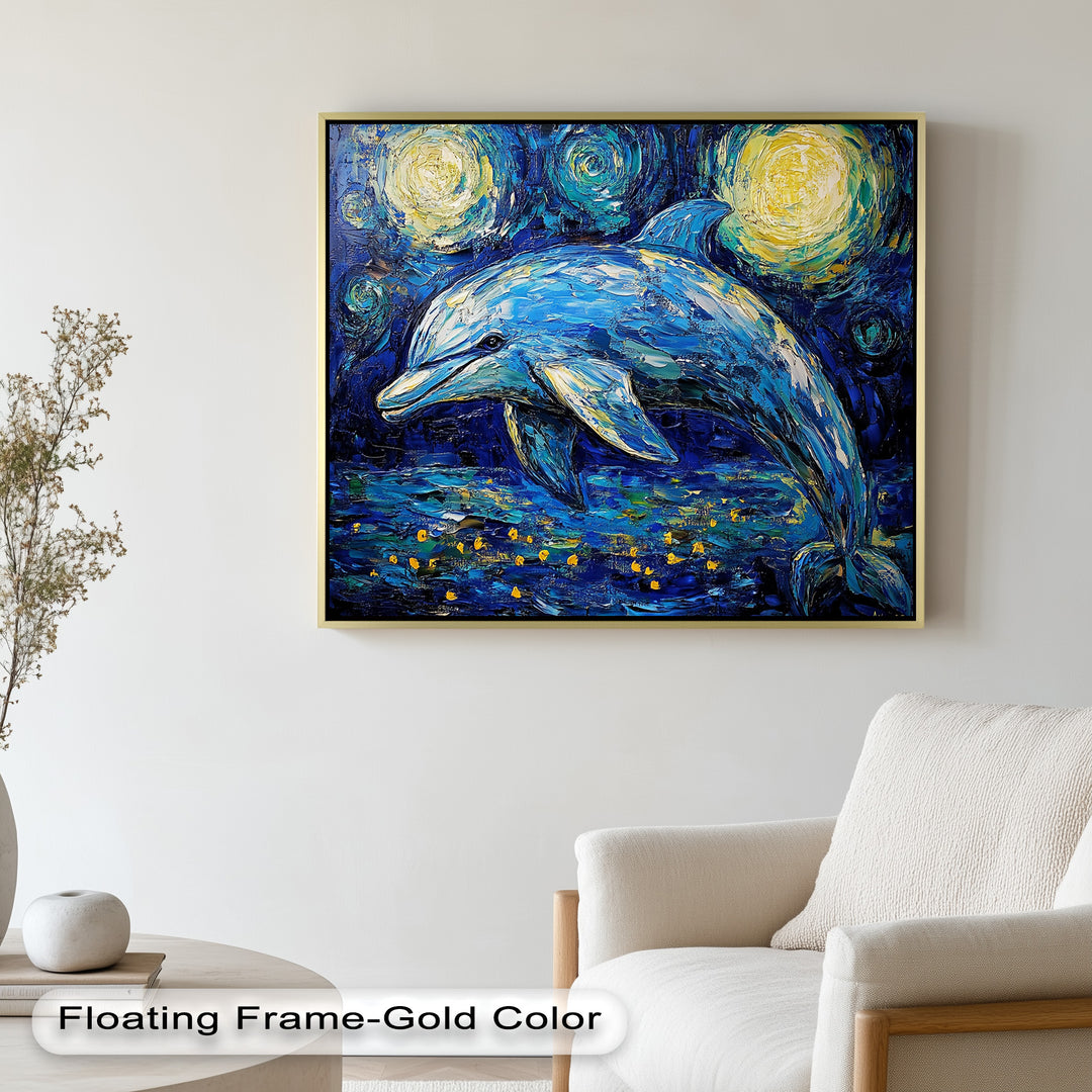 Starry Night Dolphin in Ocean Dreamscape – Animal Oil Painting