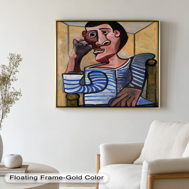 Melancholy in Stripes – Seated Man with Blue Shirt Picasso Oil Painting