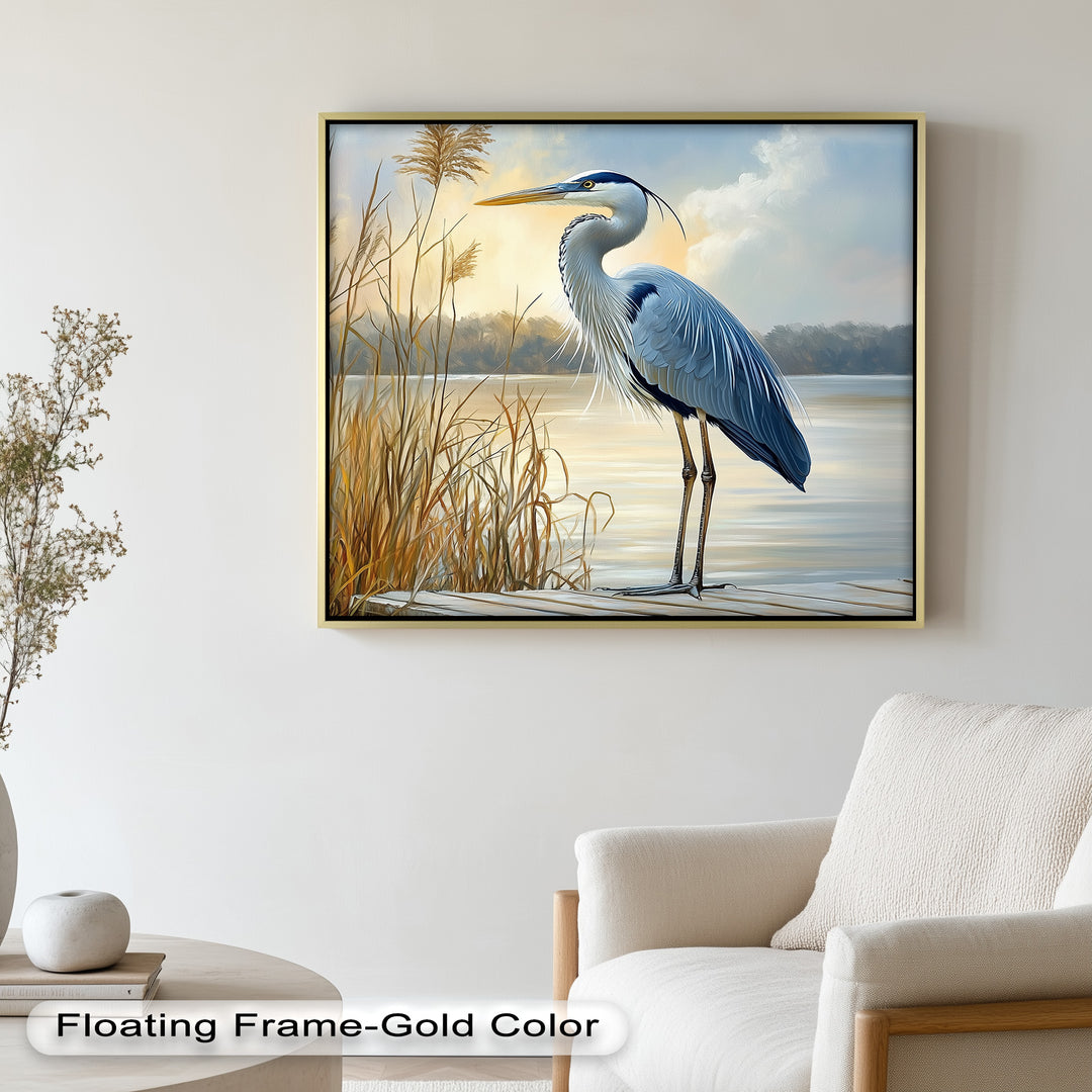 Majestic Heron in Misty Marshland - Animal Oil Painting