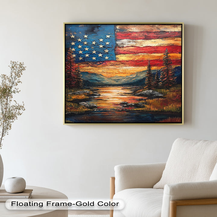 Amerikanische Flagge Sonnenuntergang Landschaft - Patriotisches Ölgemälde