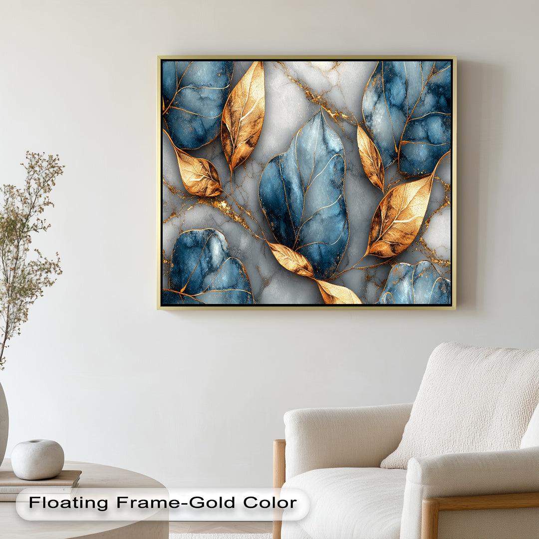 Contemporary nature-inspired painting showcasing textured gold and blue leaves.
