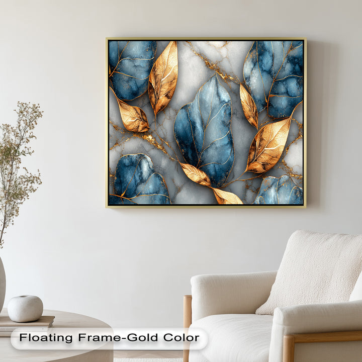Contemporary nature-inspired painting showcasing textured gold and blue leaves.
