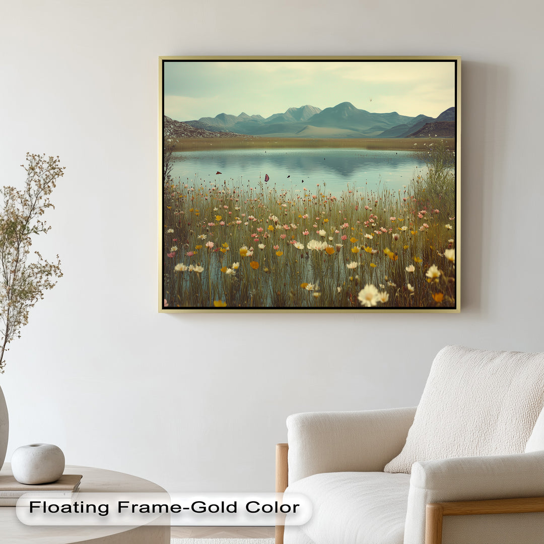 Butterfly Bloom by the Lake – Framed Oil Painting