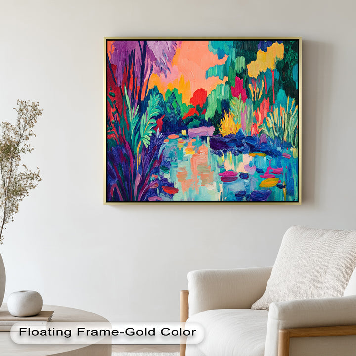 Sunset Reflections Oil Painting – Fauvist Lakeside Dreamscape