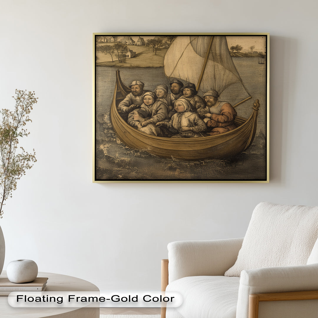 Medieval Sailors in Wooden Vessel - Historic Oil Painting
