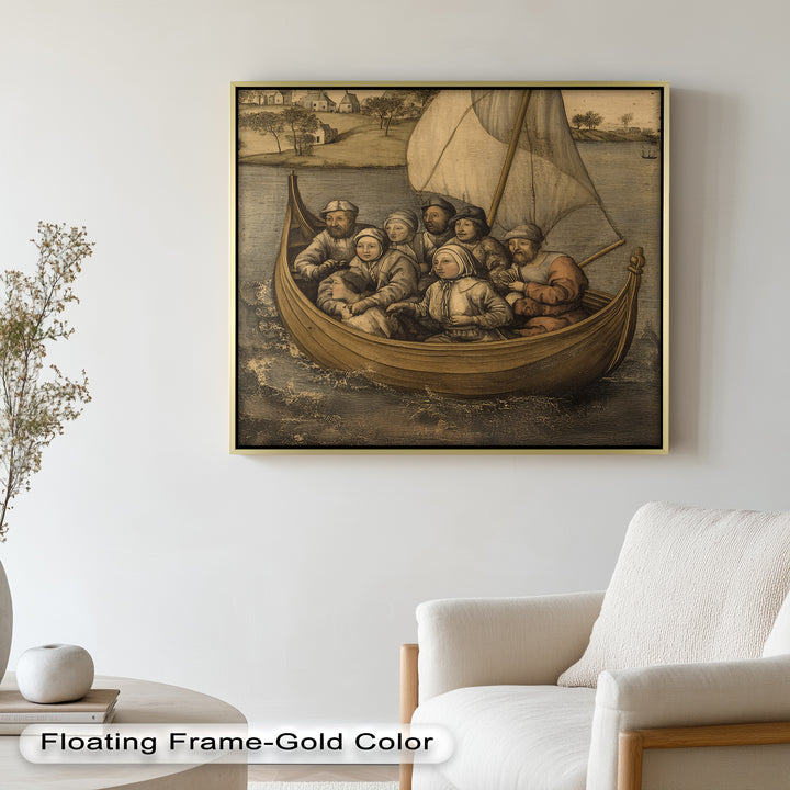 Medieval Sailors in Wooden Vessel - Historic Oil Painting