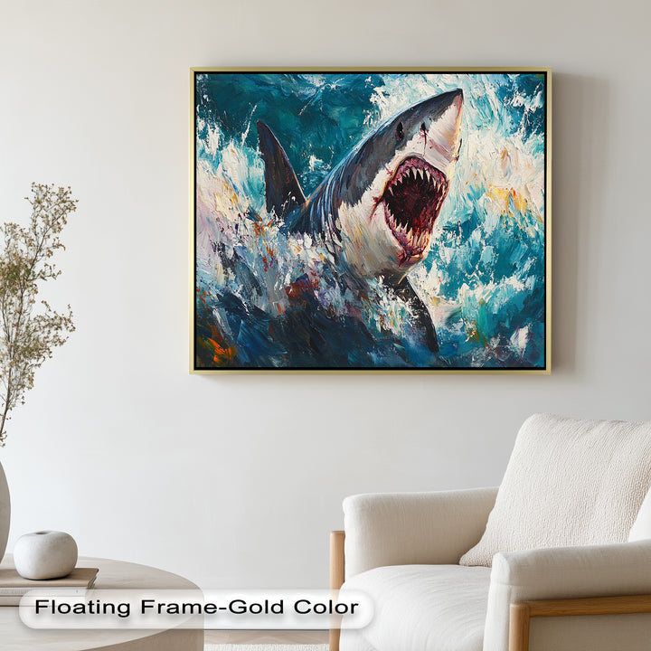 Ferocious Shark Emerging from Turbulent Waters – Animal Oil Painting