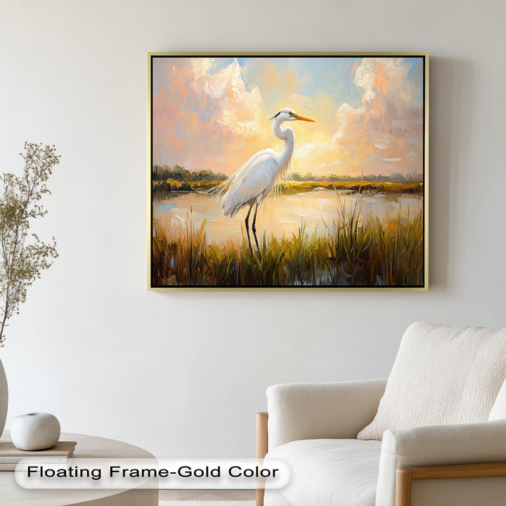 White Egret at Sunset – Animal Oil Painting