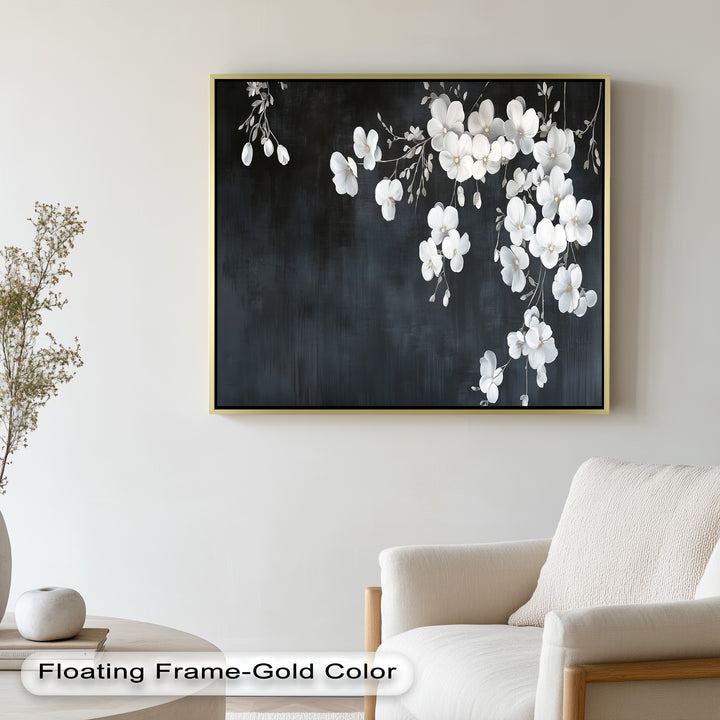 White Cherry Flowers on Midnight Blue - Flower Oil Painting
