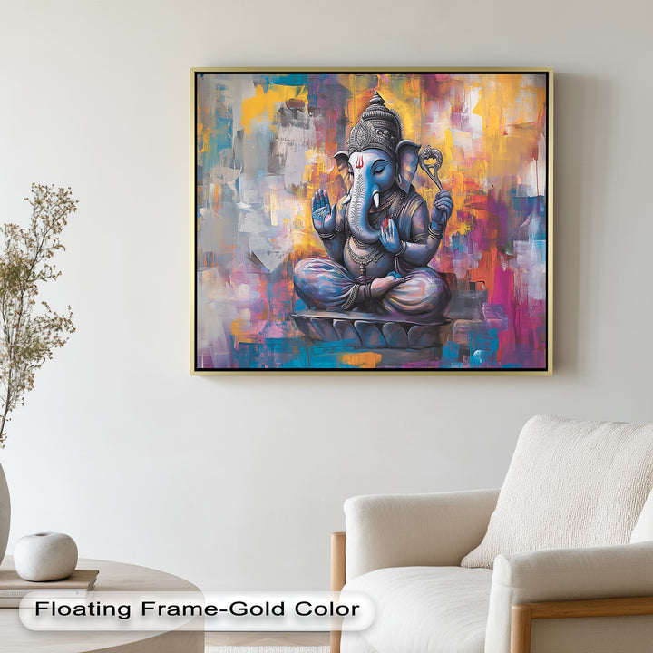A modern artistic portrayal of the Hindu deity Ganesha, blending sacred iconography with an energetic and colorful abstract setting.
