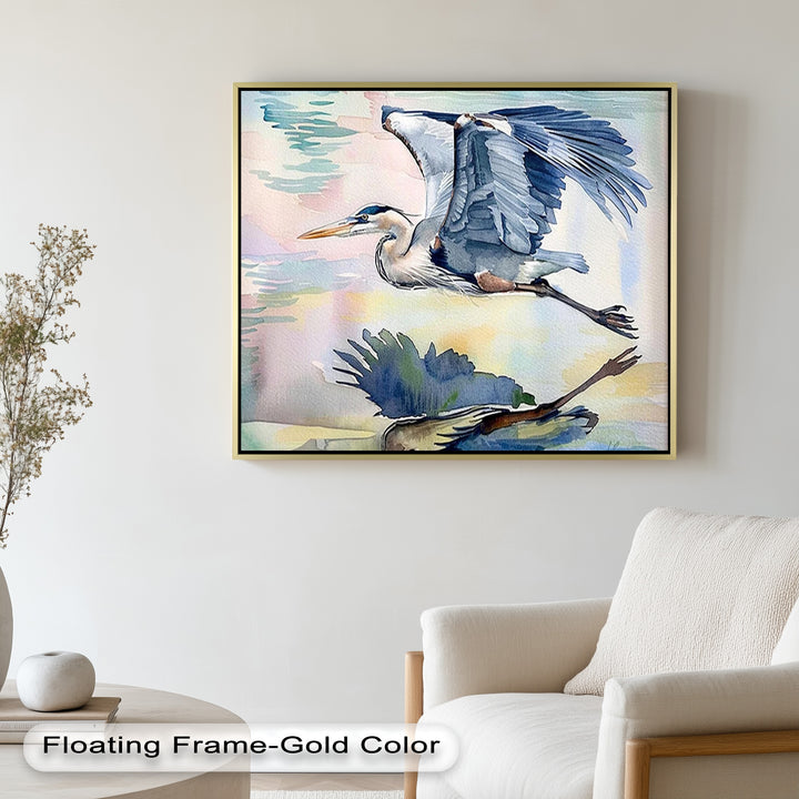 Beautiful illustration of a heron gliding over a lake, painted in soft brushstrokes and muted colors for a dreamy atmosphere.