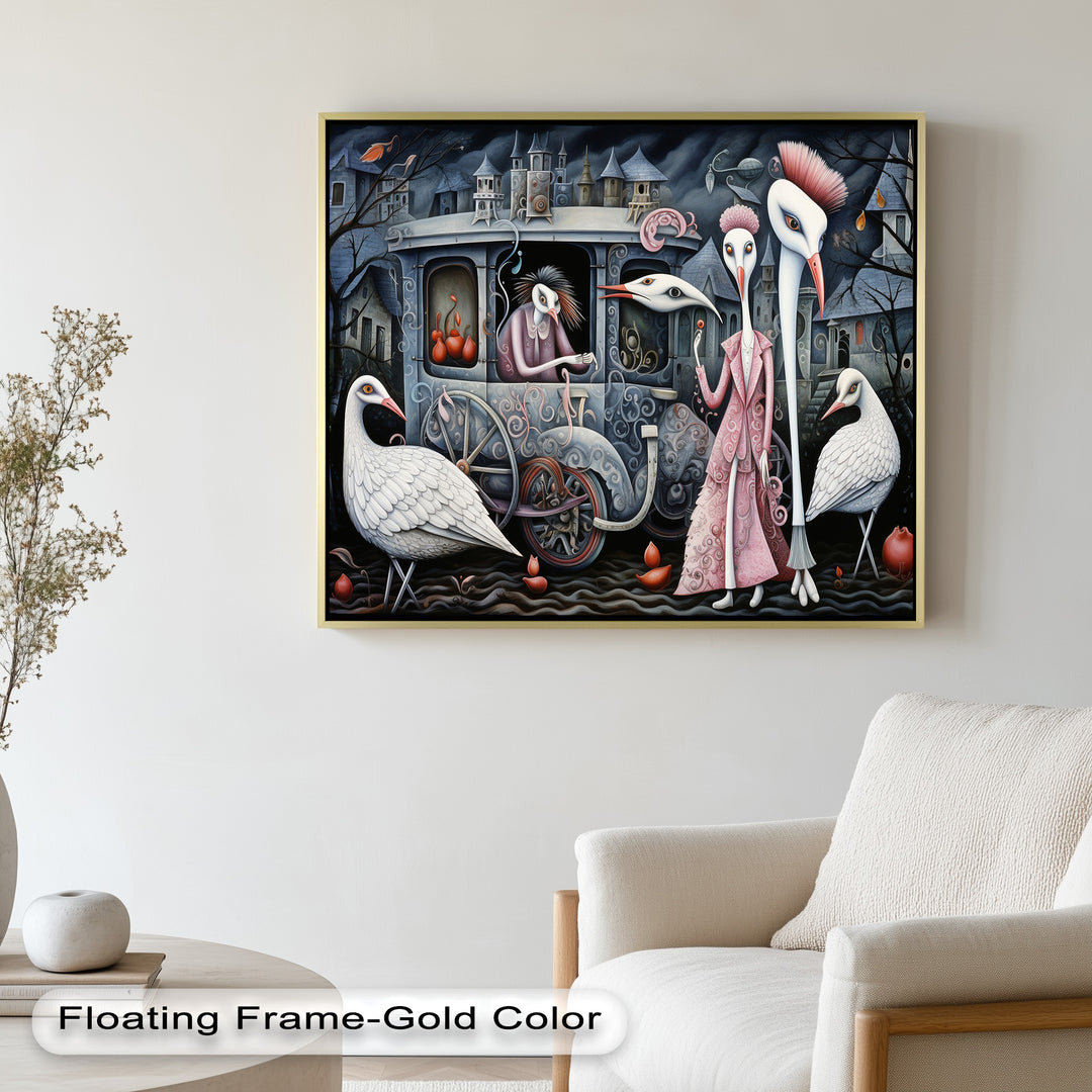 Crimson Couriers – Surreal Carriage Scene Oil Painting