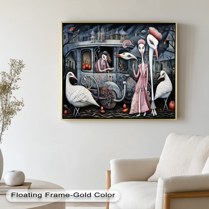 Crimson Couriers – Surreal Carriage Scene Oil Painting