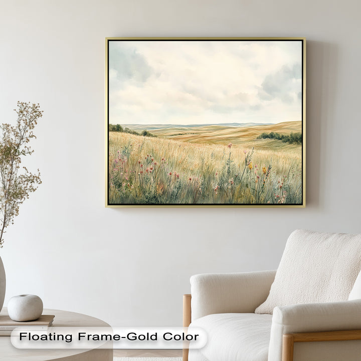 A peaceful prairie landscape with blooming wildflowers in the foreground and softly flowing hills beneath a calm sky.