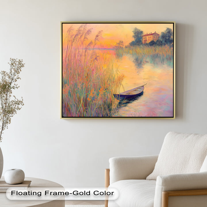Golden Reeds and Sunset Rowboat – Impressionist Oil Painting