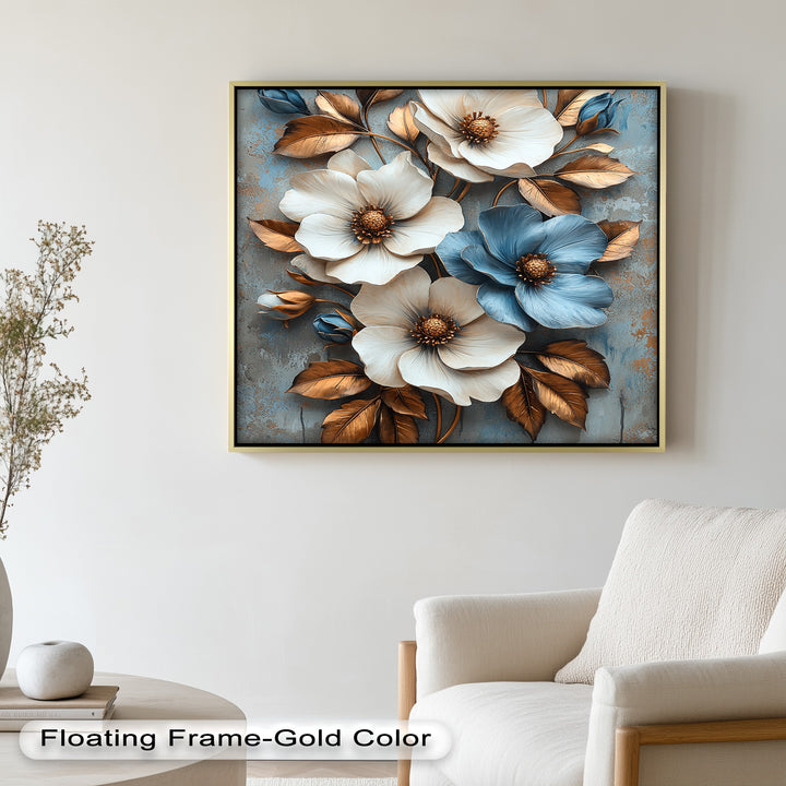 Gilded Petals – Luxuriöses Ölgemälde mit weißen und blauen Blumen