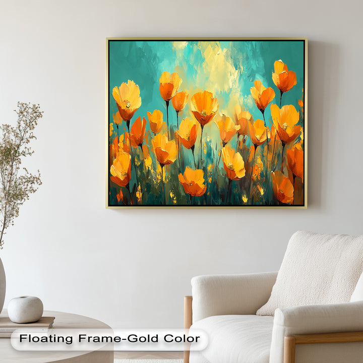 A radiant floral scene capturing the energy of orange poppies in full bloom under a luminous blue and green sky.